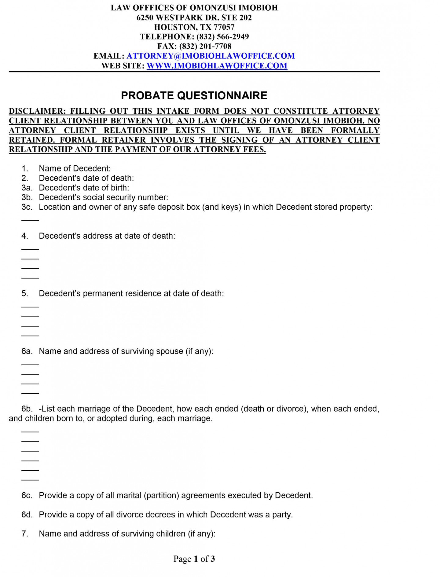 Probate Questionnaire Law Offices of Omonzusi Imobioh